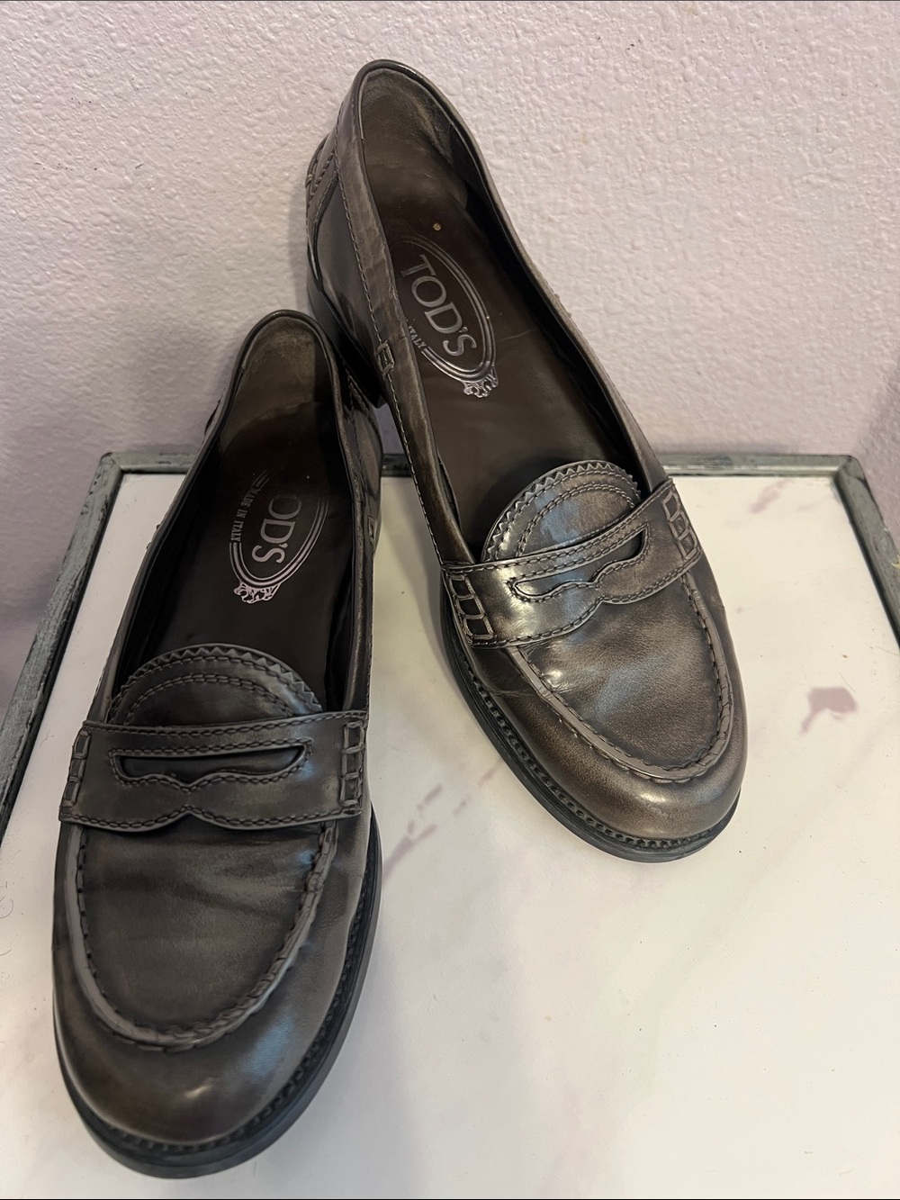 Tod's Gray Burnished Leather Women’s Penny Loafers EU 38 US 7.5 Made in Italy!